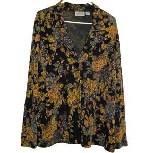 Chicos Travelers Blazer Slinky Art to Wear Floral Button Collar Black 2 L